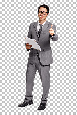 Buy stock photo Portrait, thumbs up and business man with documents isolated on a transparent png background. Paperwork, hand gesture and male professional with glasses, like emoji and agreement, ok and success.