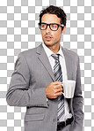 A good-looking executive having a cup of coffee and looking away thoughtfully isolated on a png background