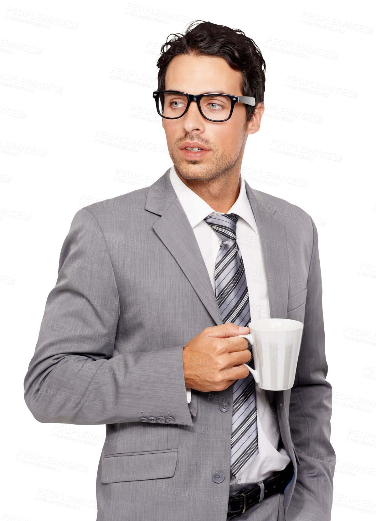 Buy stock photo Businessman, coffee and thinking with cup standing in suit looking for thought or decision. Thoughtful man person in business doubt, vision or dream with tea isolated on a transparent png background