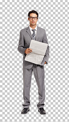 Buy stock photo Portrait, business man and newspaper in hand or isolated on transparent png background and entrepreneur in a suit. Corporate, employee and keeping up with current news or professional sales person