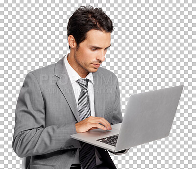 Buy stock photo Laptop, business man and focus isolated on a transparent, png background for online review, report and analysis. Serious, planning and typing of professional person or corporate worker on computer