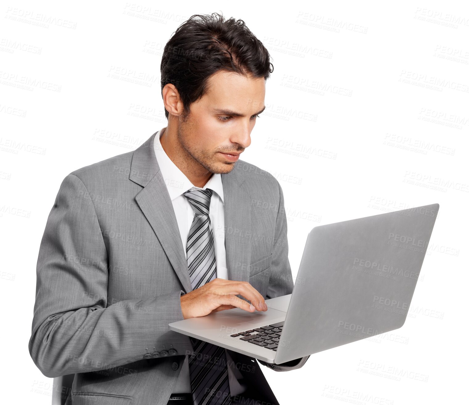 Buy stock photo Laptop, business man and focus isolated on a transparent, png background for online review, report and analysis. Serious, planning and typing of professional person or corporate worker on computer