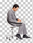 A focused executive working on his laptop while isolated on a png background