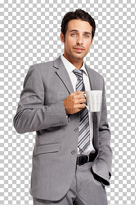 Buy stock photo Isolated business man, portrait and coffee cup for energy, drink and start work by transparent png background. Businessman, espresso or latte with confidence, suit and ready for entrepreneurship