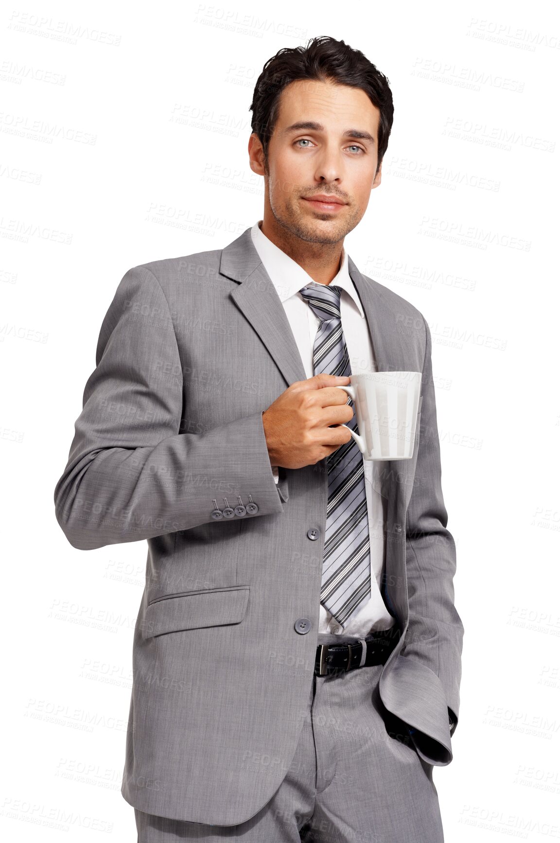 Buy stock photo Isolated business man, portrait and coffee cup for energy, drink and start work by transparent png background. Businessman, espresso or latte with confidence, suit and ready for entrepreneurship