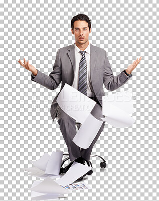 Buy stock photo Shrugging, portrait and business man with documents isolated on a transparent png background. Paperwork, chair and male professional with doubt, confused or serious question, problem or why emoji.