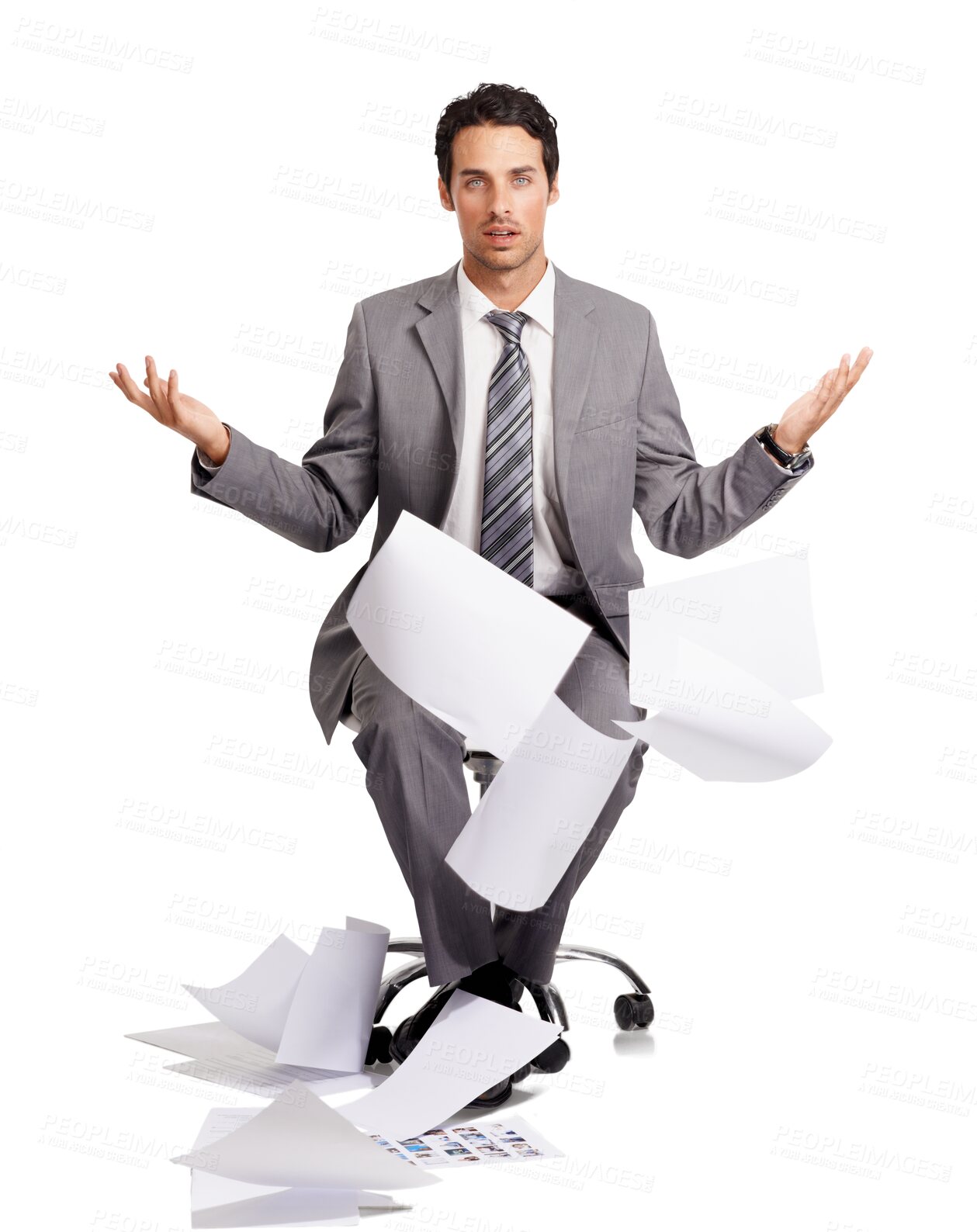 Buy stock photo Shrugging, portrait and business man with documents isolated on a transparent png background. Paperwork, chair and male professional with doubt, confused or serious question, problem or why emoji.