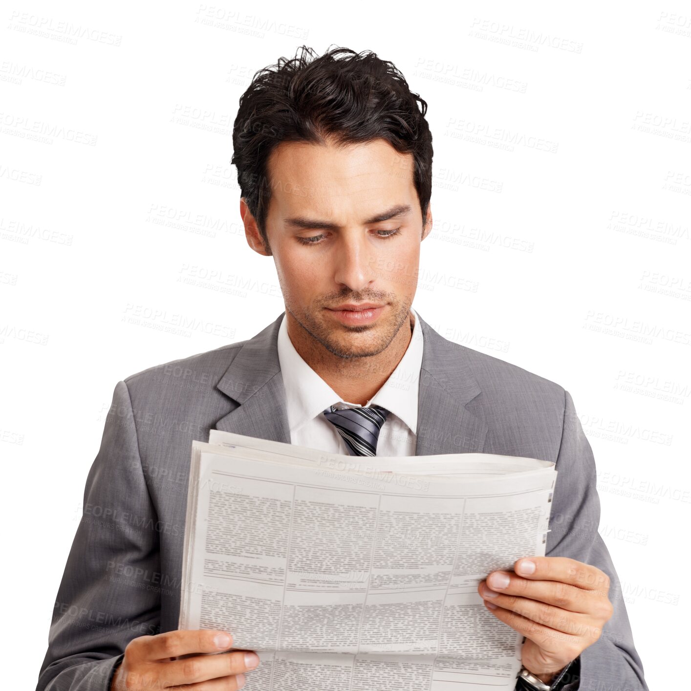 Buy stock photo Business man, corporate and focus on newspaper or young professional isolated and on transparent background. Formal, png and employee reading on current news or information and career trends