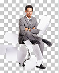 A calm businessman sitting amidst a swarm of paperwork isolated on a png background