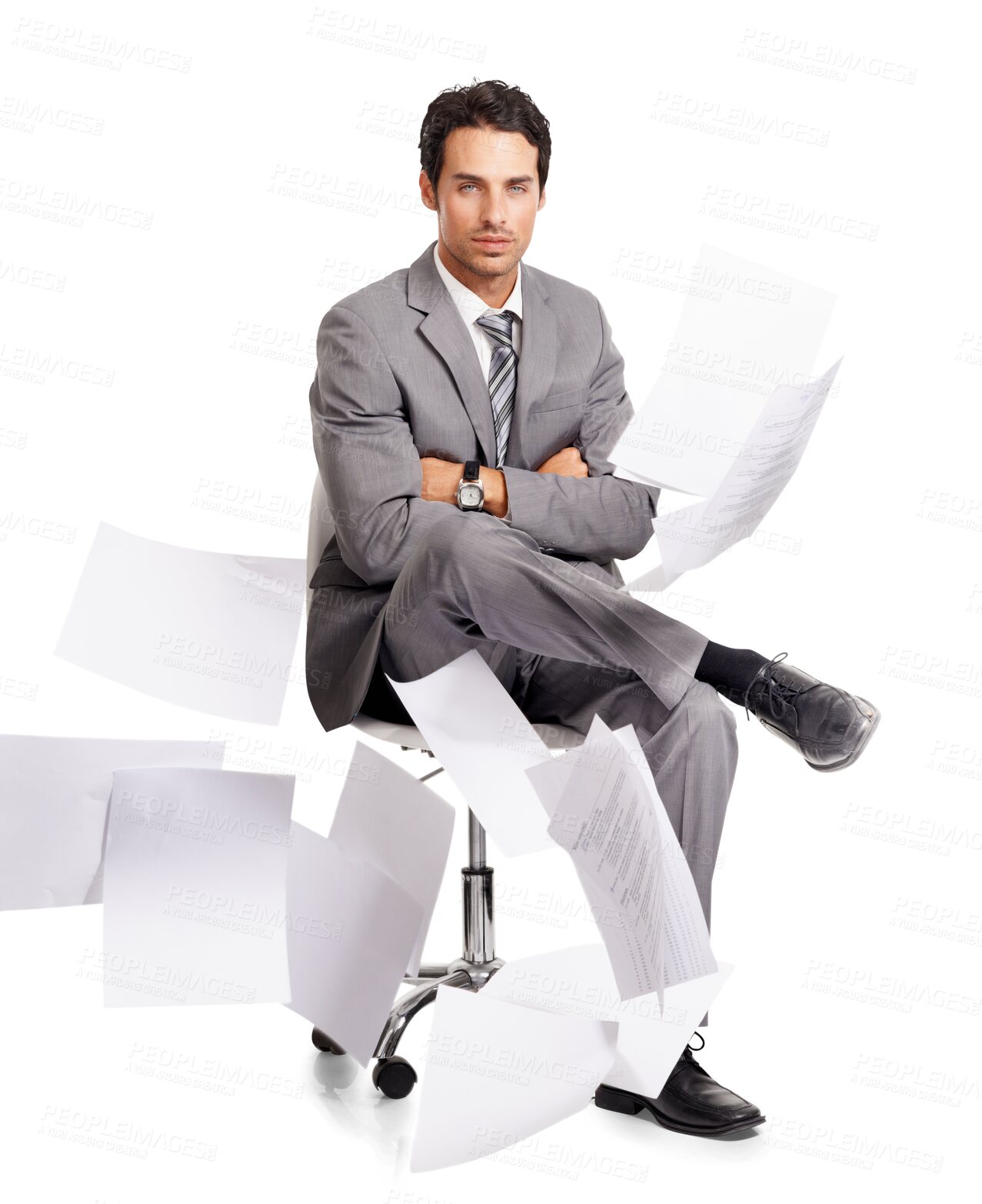 Buy stock photo Portrait, arms crossed and business man with paperwork isolated on a transparent png background. Documents in air, serious and male professional on chair, confident person or entrepreneur with career