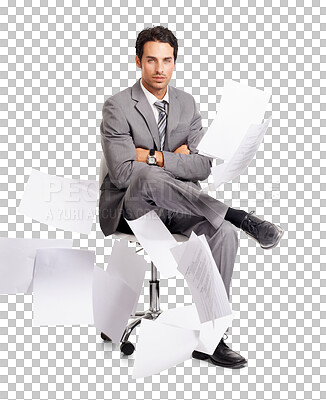 Buy stock photo Portrait, arms crossed and business man with documents isolated on a transparent png background. Paperwork in air, serious and male professional on chair, confident person and calm during stress.