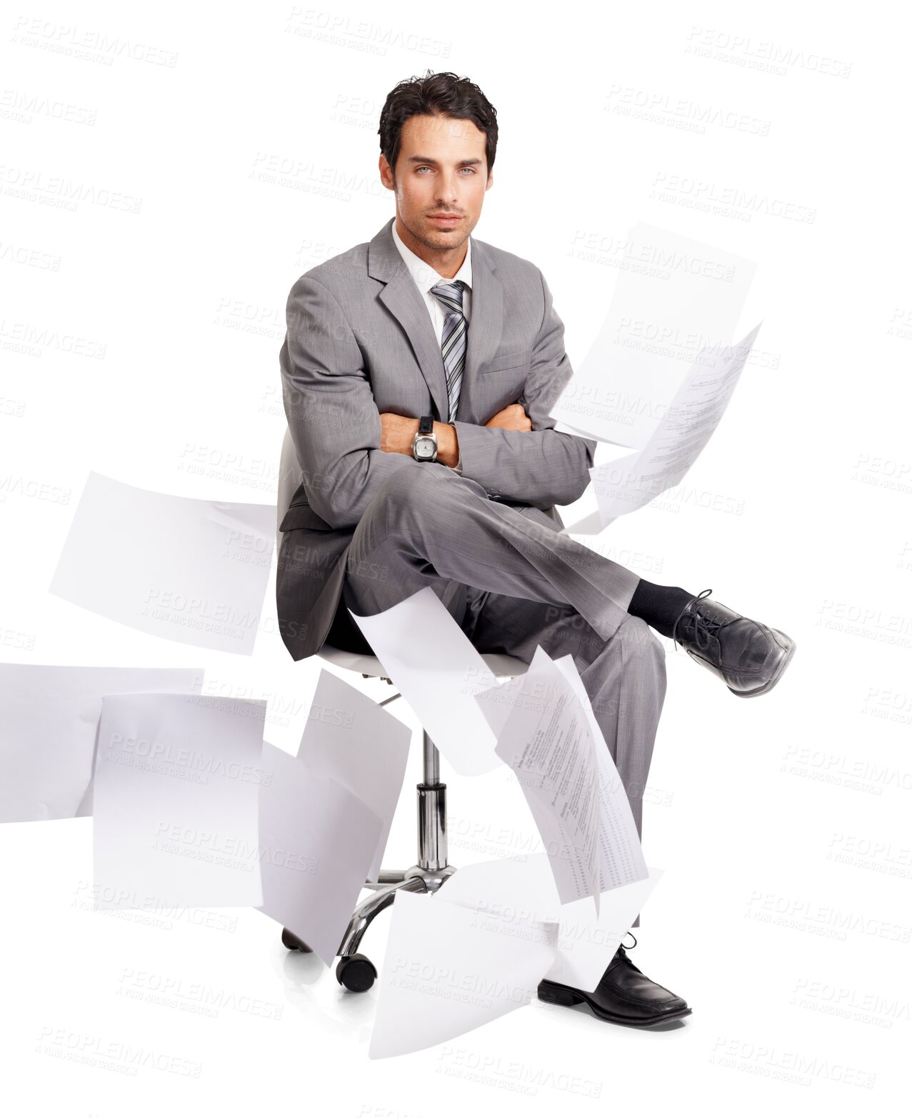 Buy stock photo Portrait, arms crossed and business man with documents isolated on a transparent png background. Paperwork in air, serious and male professional on chair, confident person and calm during stress.