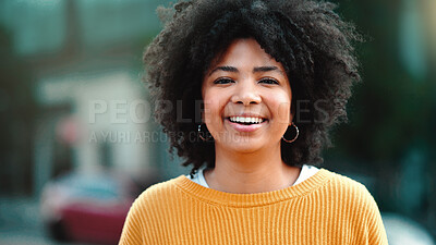 Buy stock photo Woman, laughing, and portrait for city travel of a female worker outside for carefree and weekend. Urban, happiness and morning of an employee ready for work outdoor feeling freedom with a smile
