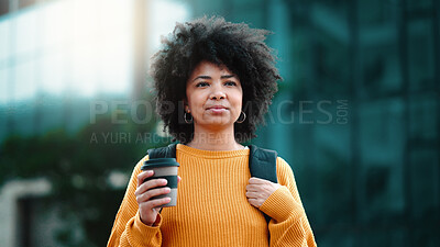 Buy stock photo Fashion, coffee or woman in city on holiday vacation, travel location or urban town for adventure. Tea drink, trendy girl or young biracial female student thinking of cool, style or funky afro hair