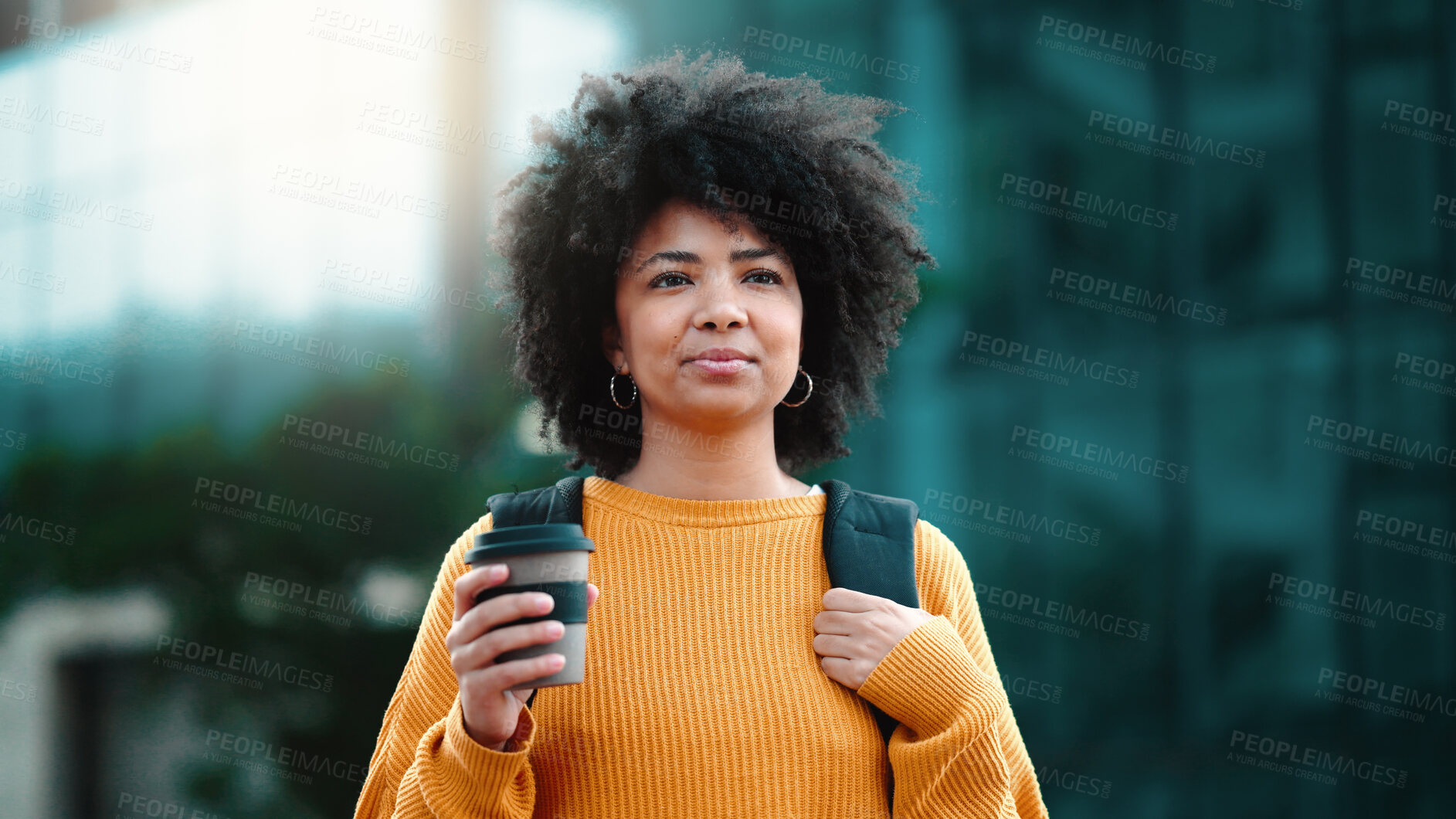 Buy stock photo Fashion, coffee or woman in city on holiday vacation, travel location or urban town for adventure. Tea drink, trendy girl or young biracial female student thinking of cool, style or funky afro hair