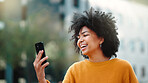 Video call, phone and black woman in city talking online, travel update and 5g communication or funny chat. Laughing gen z person or student on cellphone, mobile and live streaming for urban outdoor