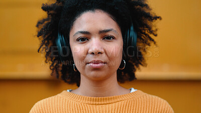 Black woman, portrait or music headphones on isolated yellow background, fashion mockup or wall mock up. Smile, happy or laughing student listening to radio, audio and podcast in trendy or cool clothes