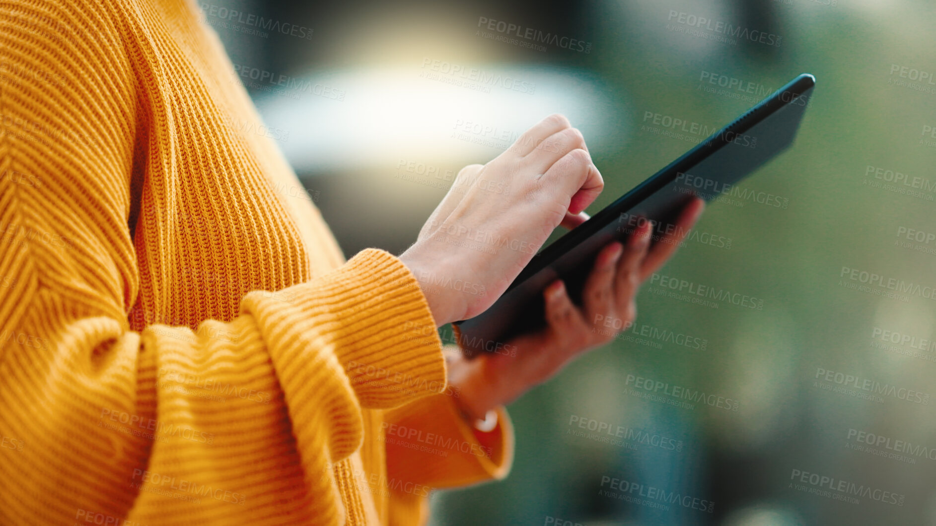 Buy stock photo Tablet, hands and urban person typing, scroll or reading social media post, travel blog or communication. Outdoor network connection, closeup and tech user search internet, website or application 