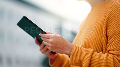Buy stock photo Tablet, hands and urban person reading social media post, online information or communication feedback, review or news. City, closeup and tech user surfing internet, website or morning trip app 