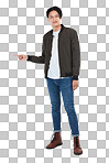 Idea, and pointing with portrait of man for marketing, deal or choice on an isolated, transparent png background. Target, solution and sale with Asian guy for discount, decision and offer