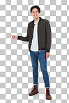 Happy, and pointing with portrait of man with idea for marketing, deal and choice on an isolated, transparent png background. Smile, solution and sale with Asian guy for discount and decision