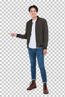 Buy stock photo Smile, pointing and portrait of Asian man with direction, selection or choice isolated on a transparent png background. Promotion gesture, happy male person and offer, marketing deal and decision.