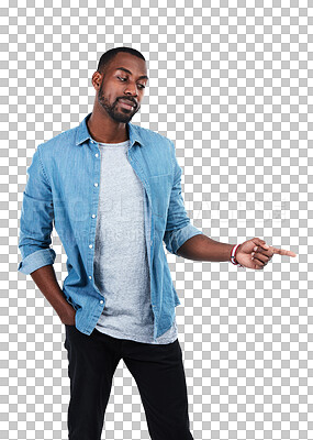 Buy stock photo Serious, pointing and black man with direction, selection or choice isolated on a transparent png background. Promotion gesture, African male person and marketing offer, deal or decision for brand.