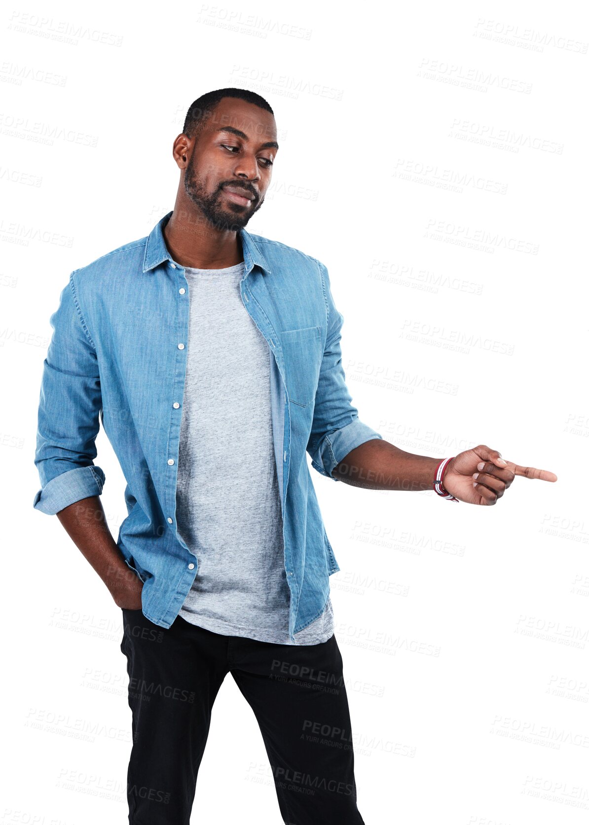 Buy stock photo Serious, pointing and black man with direction, selection or choice isolated on a transparent png background. Promotion gesture, African male person and marketing offer, deal or decision for brand.