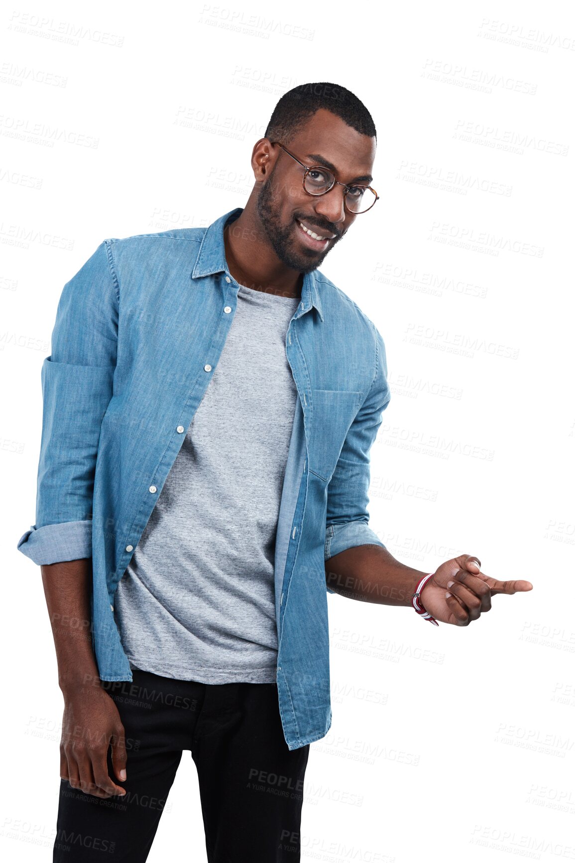 Buy stock photo Happy, pointing and portrait of black man with direction, selection or choice isolated on a transparent png background. Promotion gesture, smile and African male person with glasses for decision.