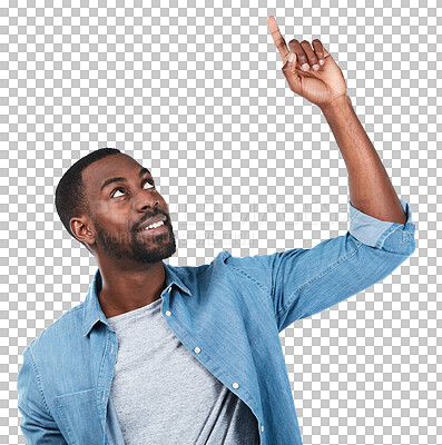 Buy stock photo Happy, pointing up and black man with a decision, offer and choice isolated against a transparent background. Male person, guy and model asking a question, opportunity and promotion with png and goal