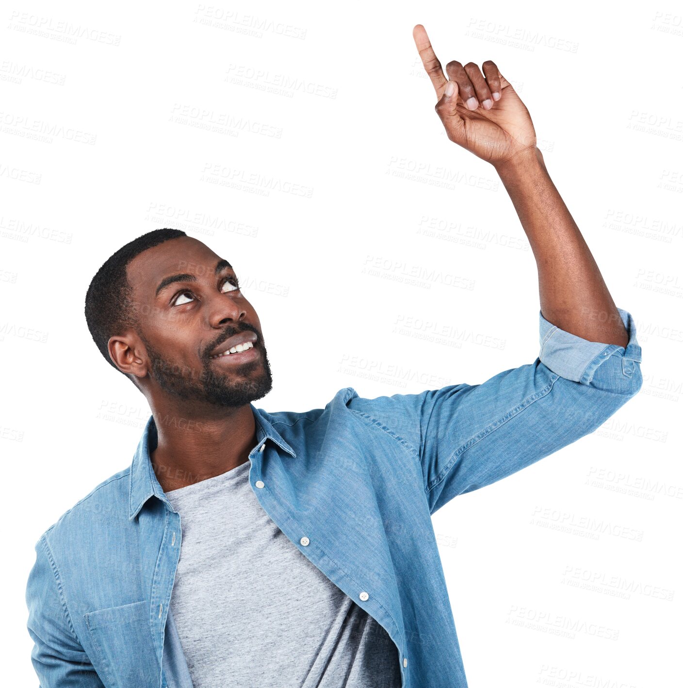 Buy stock photo Happy, pointing up and black man with a decision, offer and choice isolated against a transparent background. Male person, guy and model asking a question, opportunity and promotion with png and goal