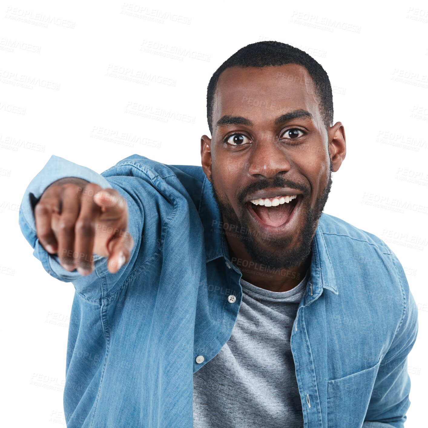 Buy stock photo Portrait, pointing and black man with direction, excited and happiness isolated against transparent background. Face, male person and model with gesture for decision, choice and opportunity with png