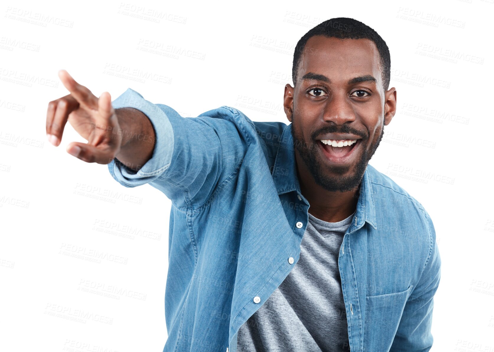 Buy stock photo Portrait, pointing and black man with a choice, decision and confident guy isolated against a transparent background. Face, male person and happy model with gesture for direction, opportunity and png