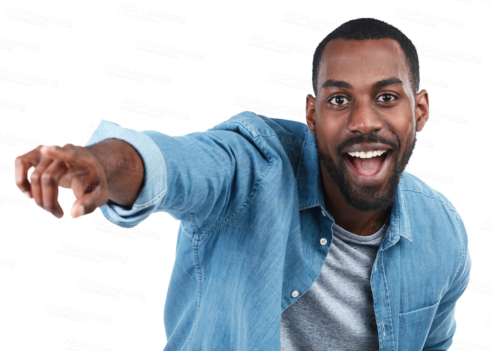 Buy stock photo Portrait, pointing and black man with decision, opportunity and smile isolated against a transparent background. Face, male person and model with gesture for direction, happiness and choice with png