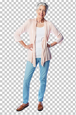 Buy stock photo Senior woman, portrait smile and standing with hands on hips in retirement or confidence with casual clothing. Happy elderly female person or model posing isolated on a transparent PNG background