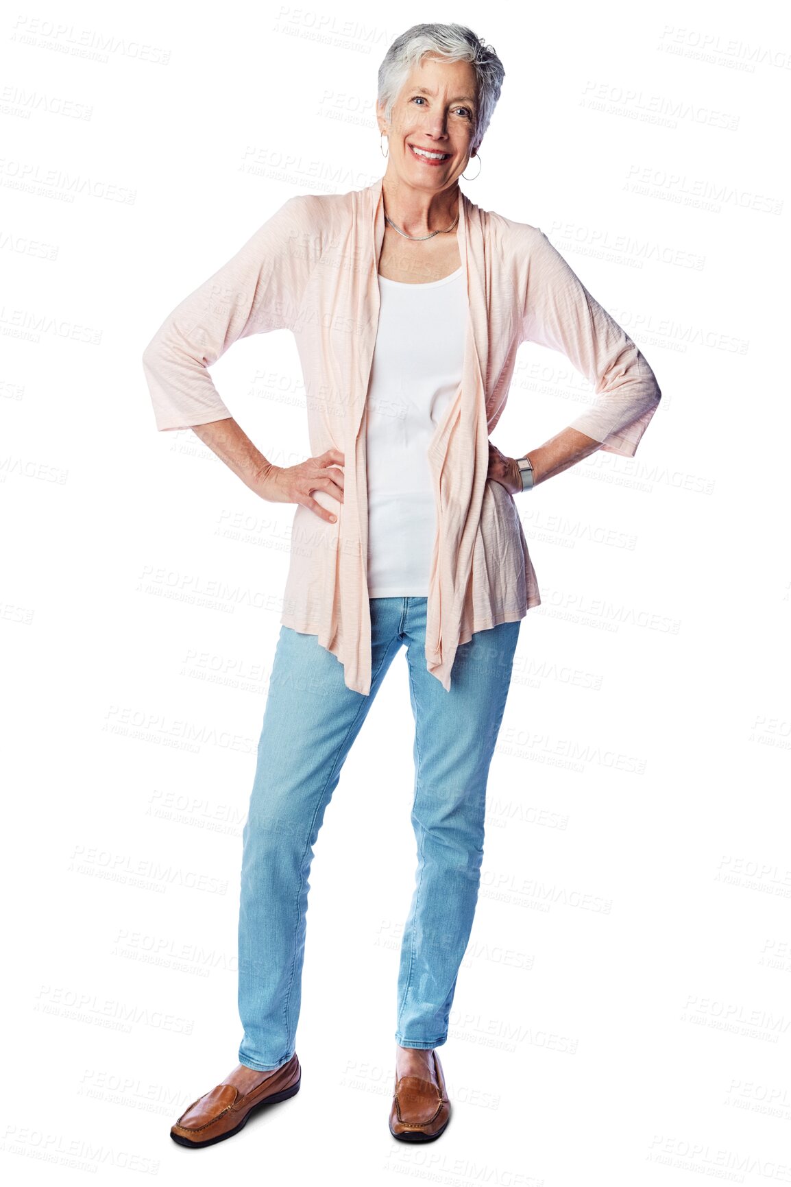 Buy stock photo Senior woman, portrait smile and standing with hands on hips in retirement or confidence with casual clothing. Happy elderly female person or model posing isolated on a transparent PNG background