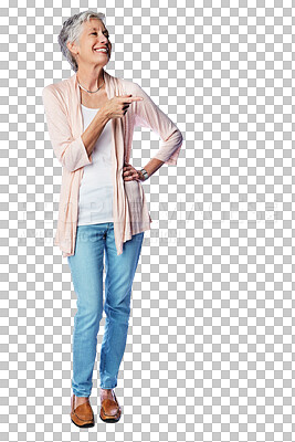 Buy stock photo Happy, pointing and senior woman with promotion, selection or choice isolated on a transparent png background. Marketing gesture, elderly female person and offer, branding decision or advertising