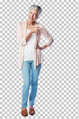 Buy stock photo Smile, pointing and portrait of senior woman with promotion, selection or choice isolated on a transparent png background. Marketing gesture, elderly female person and offer, branding or advertising.