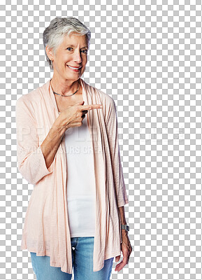 Buy stock photo Smile, pointing and portrait of elderly woman with promotion, selection or choice isolated on a transparent png background. Marketing gesture, senior female person and offer, branding or advertising.