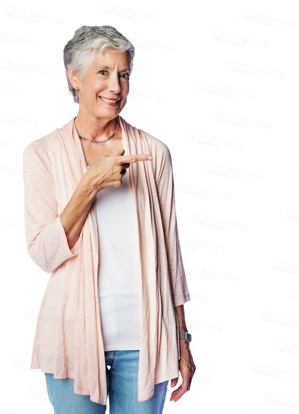 Buy stock photo Smile, pointing and portrait of elderly woman with promotion, selection or choice isolated on a transparent png background. Marketing gesture, senior female person and offer, branding or advertising.