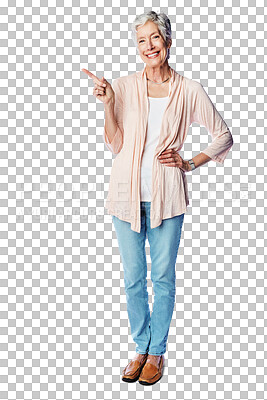 Buy stock photo Happy, pointing and portrait of elderly woman with promotion, selection or choice isolated on a transparent png background. Marketing gesture, senior female person and offer, branding or advertising.