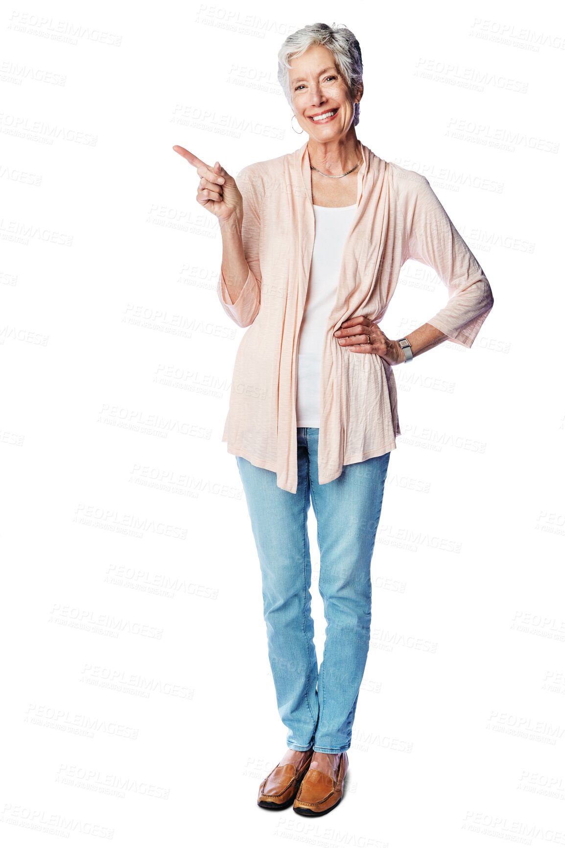 Buy stock photo Happy, pointing and portrait of elderly woman with promotion, selection or choice isolated on a transparent png background. Marketing gesture, senior female person and offer, branding or advertising.