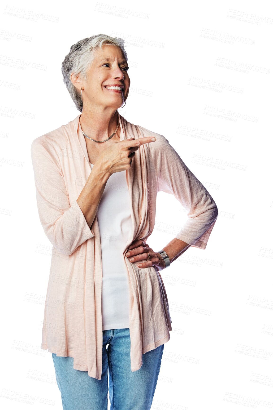 Buy stock photo Smile, pointing and senior woman with promotion, selection or choice isolated on a transparent png background. Marketing gesture, elderly female person and offer, branding decision or advertising.