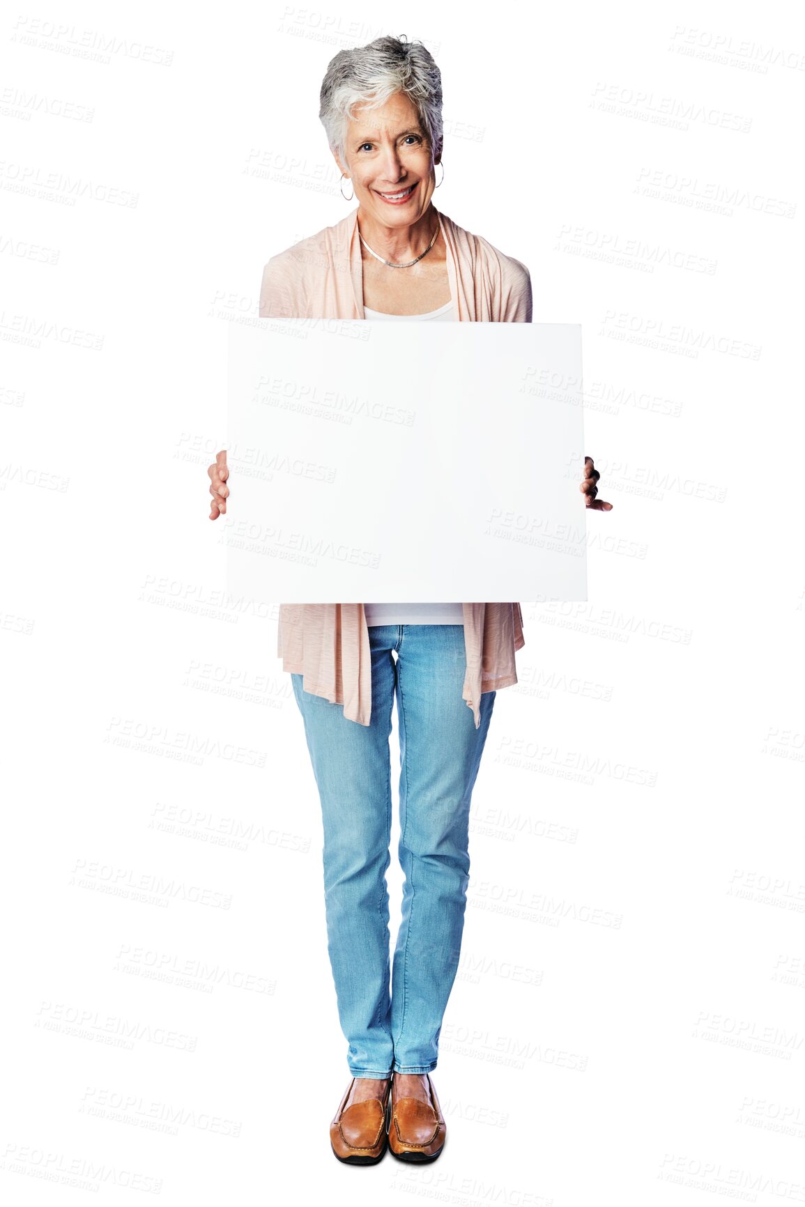 Buy stock photo Senior woman, portrait smile and billboard, poster or placard for advertising, marketing or brand. Happy elderly female showing board for mockup or copy space isolated on a transparent PNG background