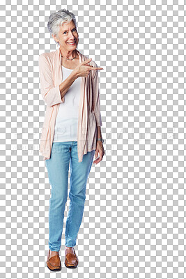 Buy stock photo Happy, pointing and portrait of senior woman with promotion, selection or choice isolated on a transparent png background. Marketing gesture, elderly female person and offer, direction or advertising