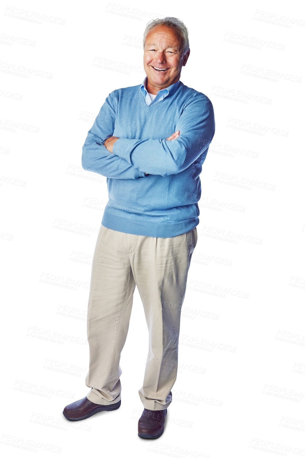 Buy stock photo Portrait, smile and arms crossed with a senior man isolated on a transparent background during retirement. Positive, happy and confident with an elderly male pensioner on PNG for positivity