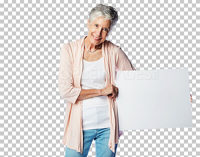 Buy stock photo Senior woman, portrait smile and billboard, poster or placard for advertising or marketing. Happy elderly female showing board for mockup or copy space isolated on a transparent PNG background