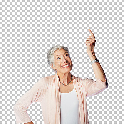 Buy stock photo Smile, pointing up and senior woman with promotion, selection or choice isolated on a transparent png background. Marketing gesture, elderly female person and offer, branding decision or advertising