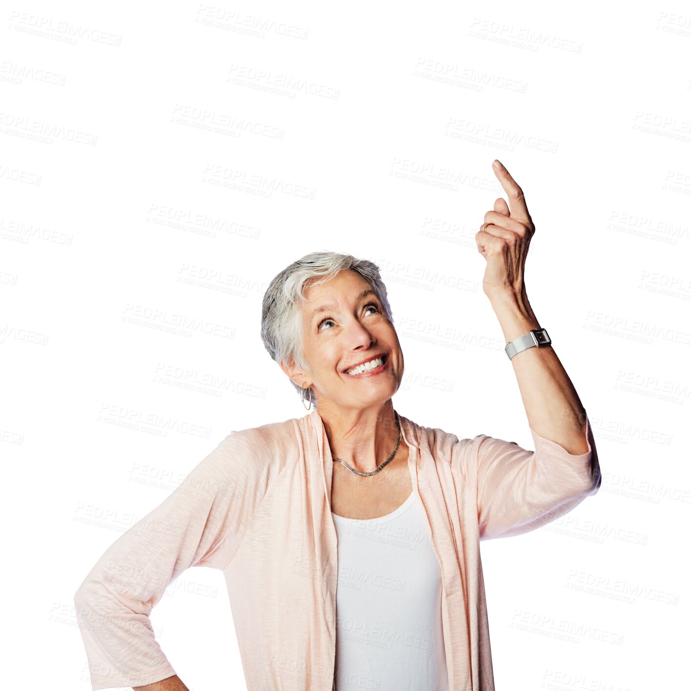 Buy stock photo Smile, pointing up and senior woman with promotion, selection or choice isolated on a transparent png background. Marketing gesture, elderly female person and offer, branding decision or advertising