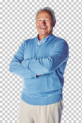 Buy stock photo Portrait, happy and arms crossed with a mature man isolated on a transparent background for business. Professional, smile and experienced with a male manager or employee on PNG for a corporate career